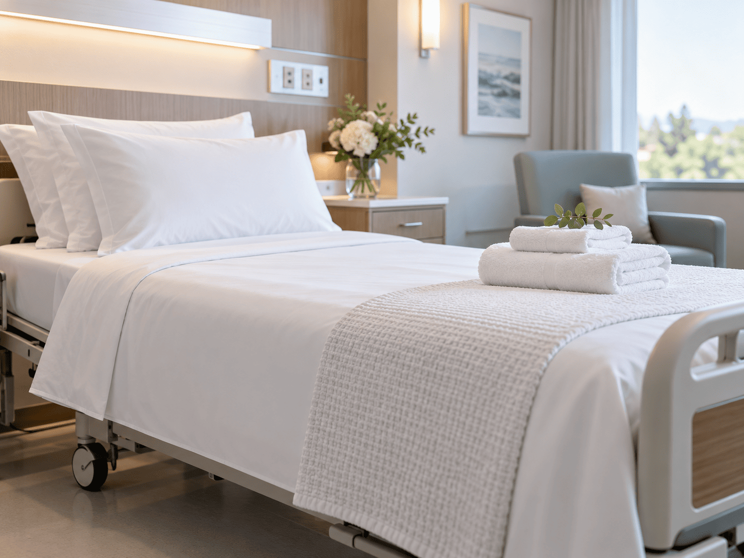Hospital bed made with clean HLSG bed linen and folded towels