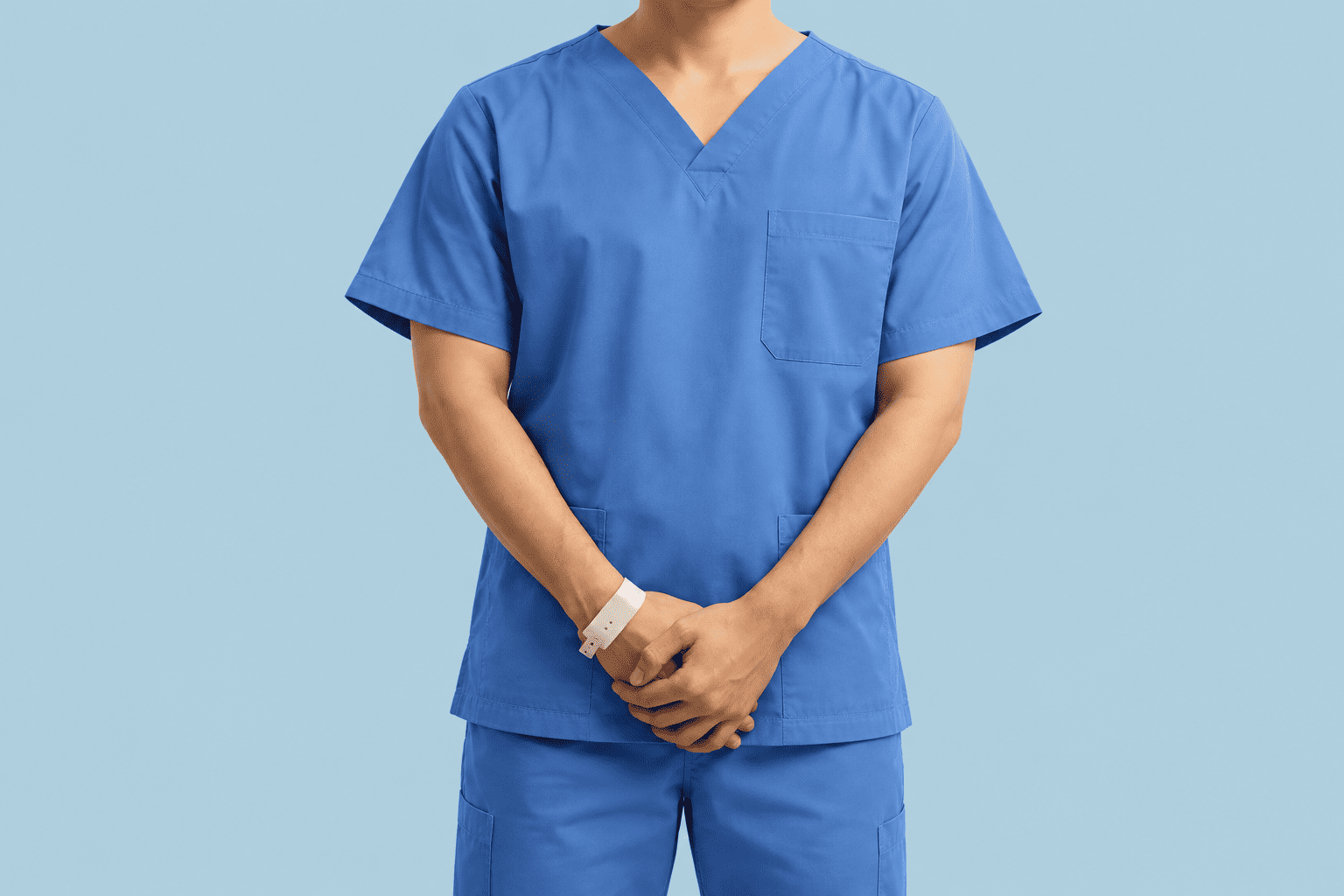 Healthcare worker wearing blue HLSG scrubs
